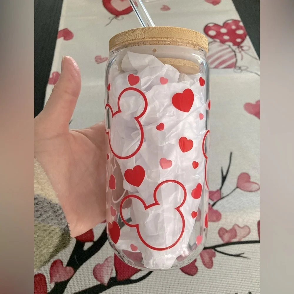 💝 Handcrafted Mickey Mouse heart shaped ears glass tumbler